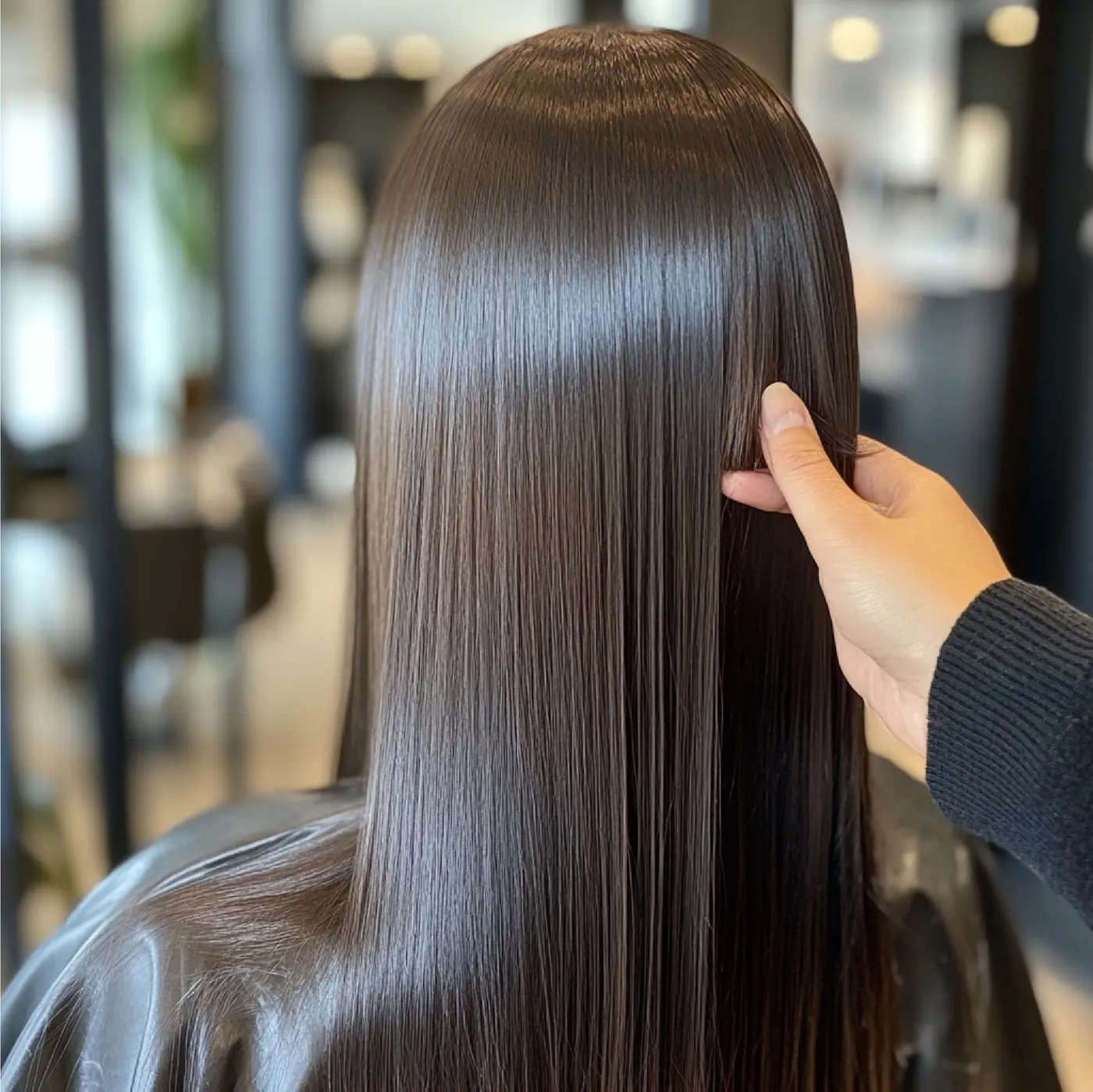 Glossy, smooth dark hair after a keratin smoothing treatment