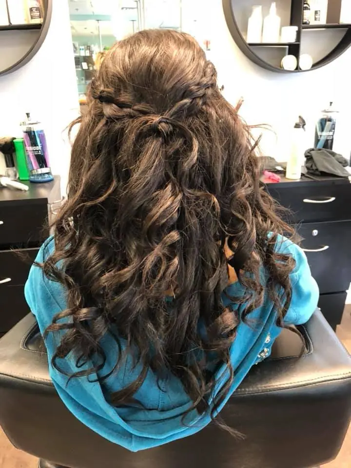 Brunette curls with a braided half-up style